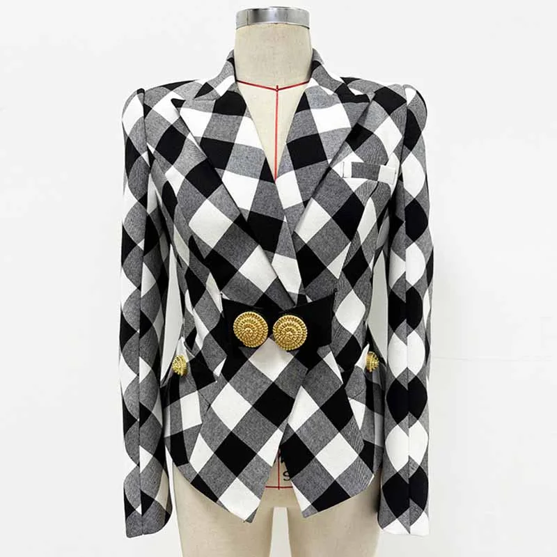 Women's Coats with Fur Trimmed ButtonsWomens Belted Black Blazer With Check Pattern Coat