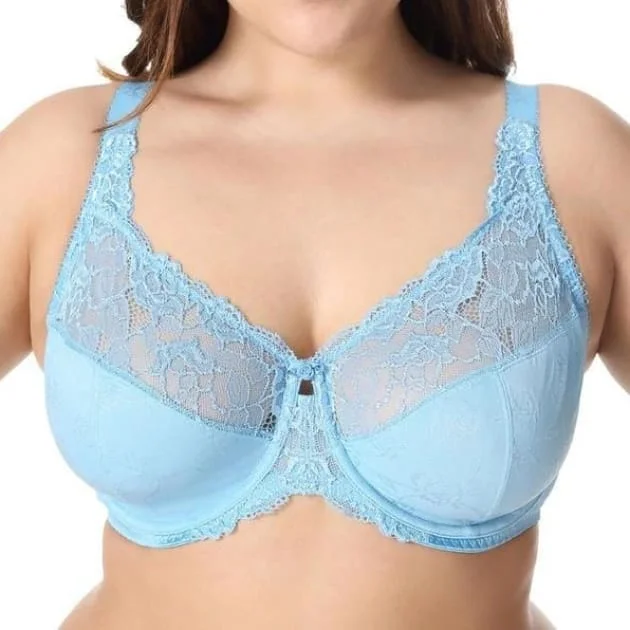 plus-size sports bra with mesh panelsLarge Cup Jacquard Non-Padded Sheer Lace Deep Sky Blue Bra