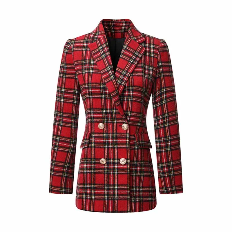 Women's Coats with Fur Trimmed CollarWomen Long Sleeve Checked Blazer Coat Red