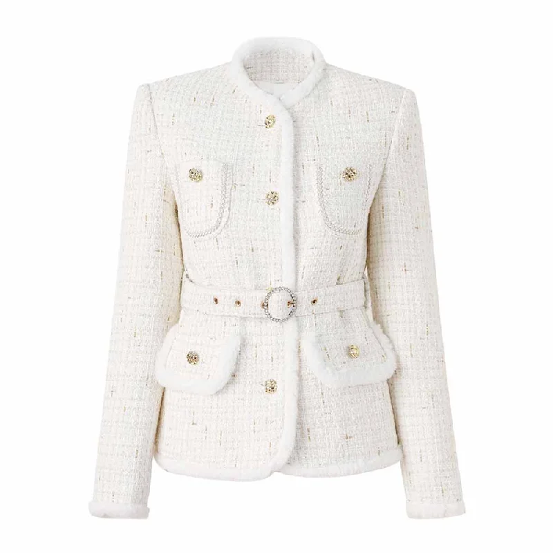 Women's Coats with Fur Trimmed PocketsWomen Fur Collarless White Blazer Woolen Jacket With Sashes