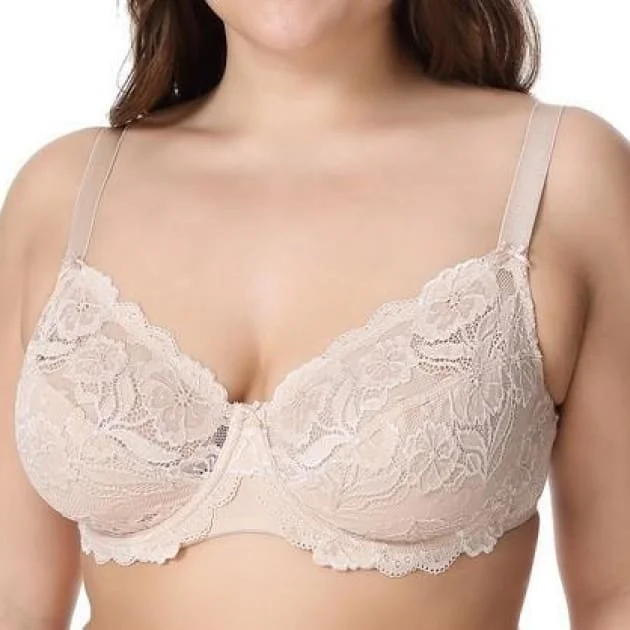 convertible bra with silicone strips for supportNon-Padded Floral Embroidery Beige Lace Bra