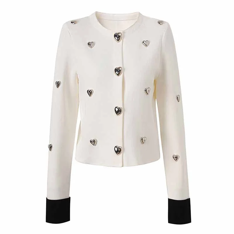 Women's Coats with Fur Trimmed PocketsWomen Heart Stud Embellished Jacket Round Neck Cardigan Coat