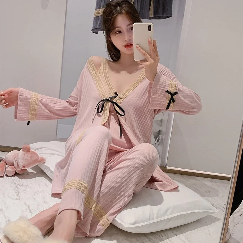 women's pajamas with hidden pockets3 Piece Cotton Pajamas Suit Women Sleepwear