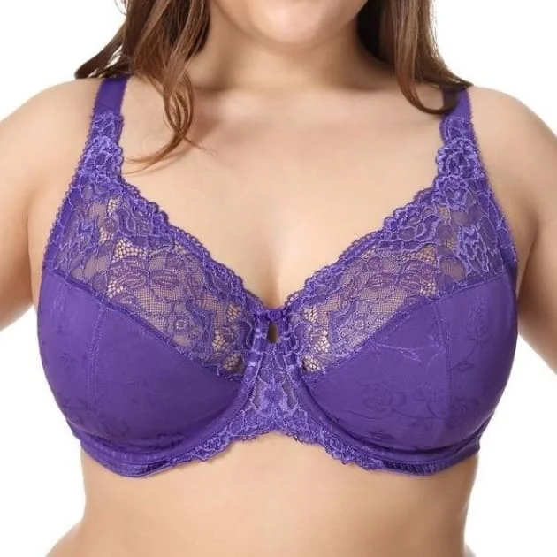 convertible halter-neck braLarge Cup Jacquard Non-Padded Sheer Lace Dark Violet Bra