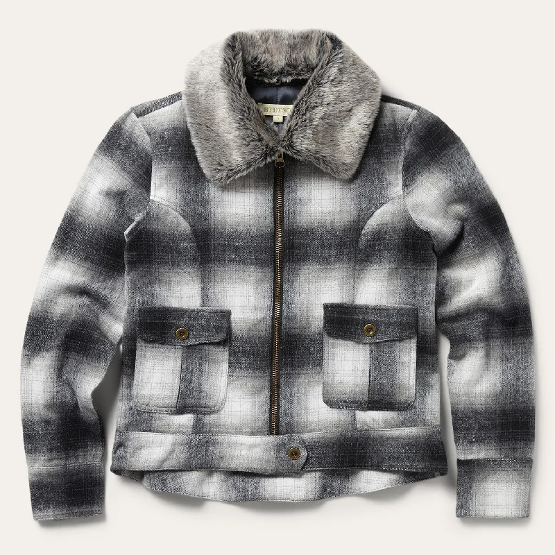 Women's Coats with Fur TrimPlaid Cropped Jacket