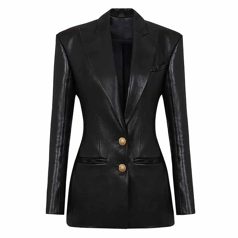 Women's Coats with Fur Trimmed SleevesWomen 2-Button Faux Leather Jacket V Neck Coat