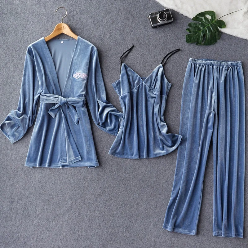 women's pajamas with a snug fit3 Piece Pj Set Kimono Pajamas Set Velour Bathrobe