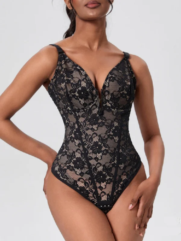 post-pregnancy belly band shapewearV-Neck Lace Tummy Control Bodysuit Shapewear with Open Crotch