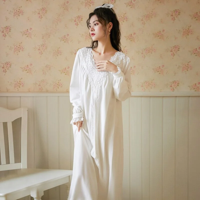 women's pajamas with cozy footiesWomen Spring Autumn 100% Cotton Full Sleeves Nightdress Sexy V-Neck Long Style Nightie Loose Design Princess Nightgown Sleepwear