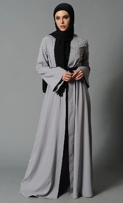 Women's Coats with ButtonsLight Grey Fancy Pearl Detail Bisht with Fabric Tie