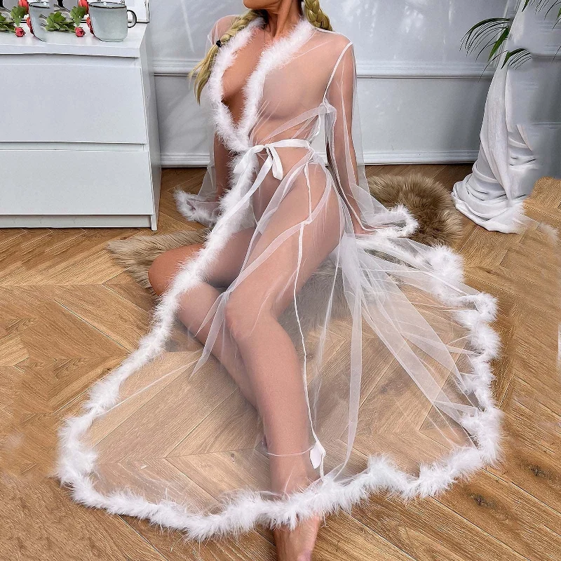 women's pajamas for the holidaysSexy Lace Mesh Sheer Long Robe Dress Lingerie Sets With Belt Hot Exotic Tulle Robe Long Nightgown Babydoll Sleepwear Sex Clothes