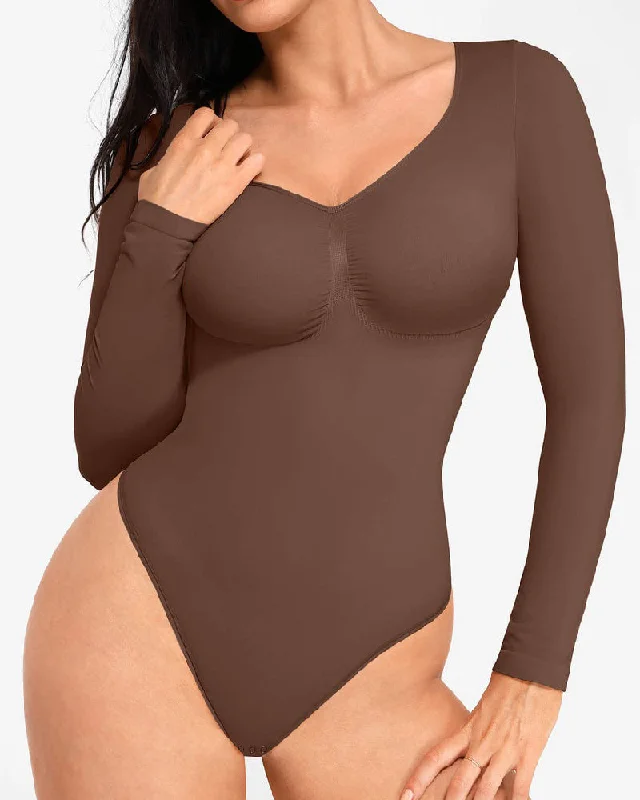 plus-size thigh slimmer with high compressionNahtloser Langarm Brust Unterstützung Rauten Kragen Bauchkontrolle Tanga Bodysuit