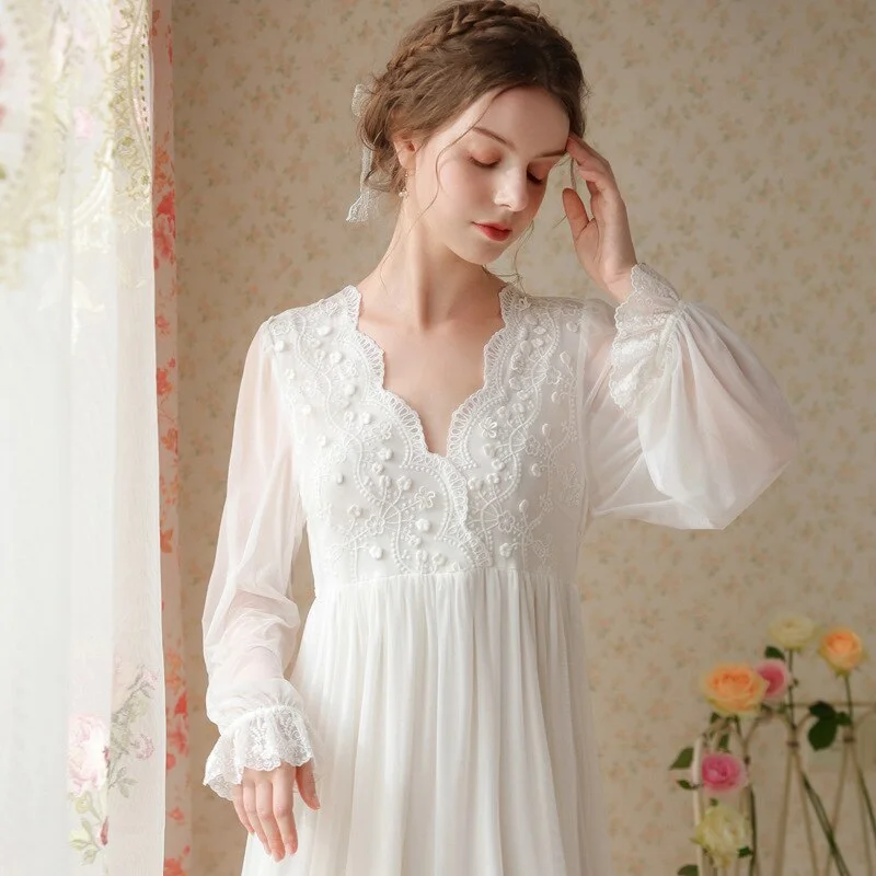 women's pajamas with a relaxed, casual vibe2022 Autumn New Night Dress Women Palace Style Mesh Lace Sleepwear Sexy V-neck Nightgown French Long Sleeve Female Home Dresses