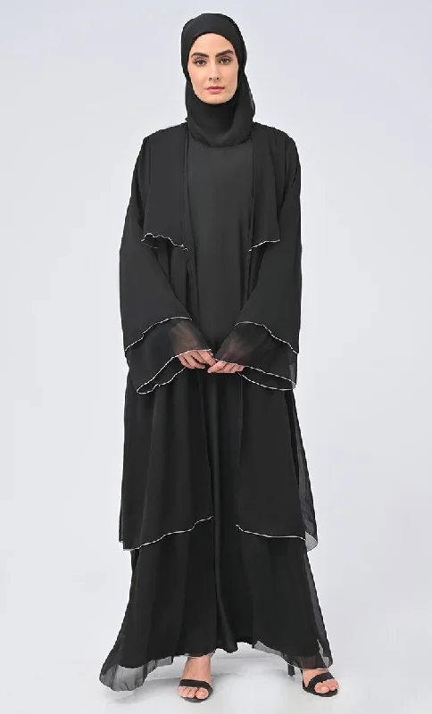 Women's Coats with Fur Trimmed ZipperBenazir Arabic Tiered Detailing chiffon Shrug With Crepe Inner