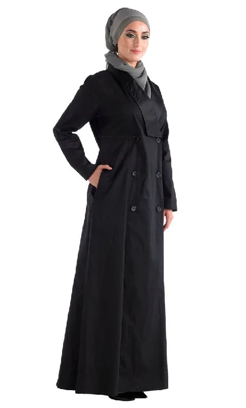 Women's Rain CoatsBlack front open jilbab with a Trench Coat Collar