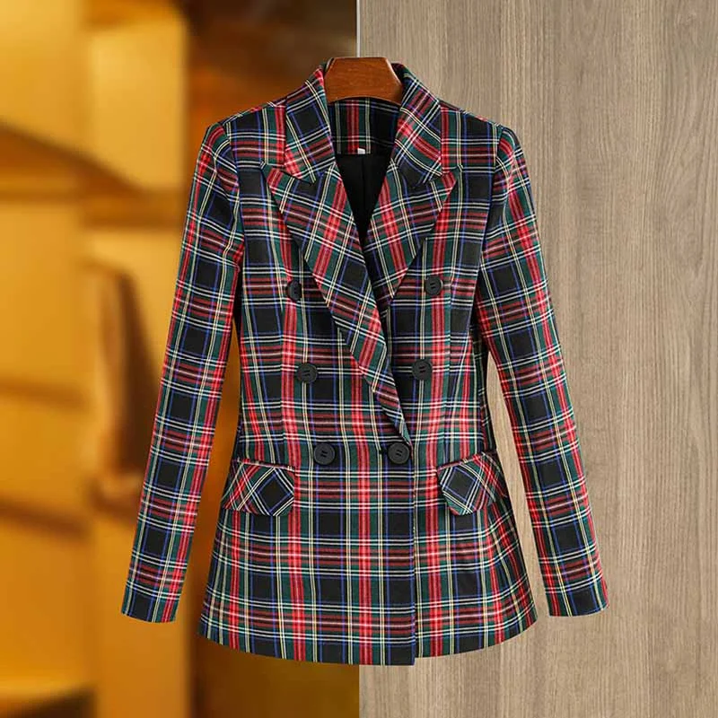 Women's Coats with Fur Trimmed SleevesWomens Double Breasted Plaid Work Formal Blazer Jacket