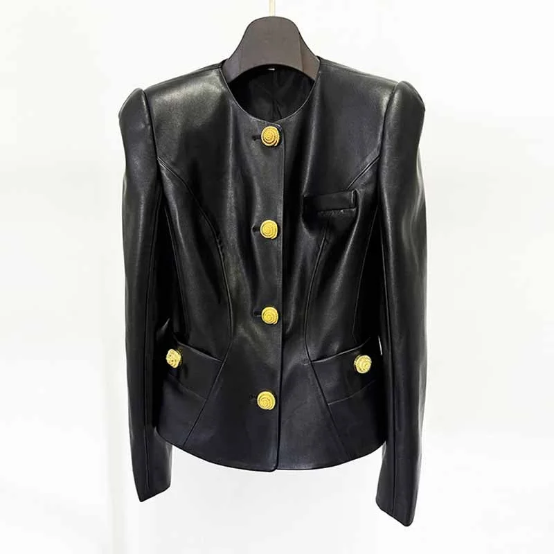 Women's Denim CoatsCollarless Faux Leather Jacket with Snail-shaped Buttons