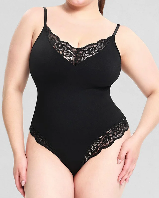 body shaper with silicone strips for no-slip wearSexy Spitzen V-Ausschnitt Bauchkontrolle Tanga Bodysuit Shapewear