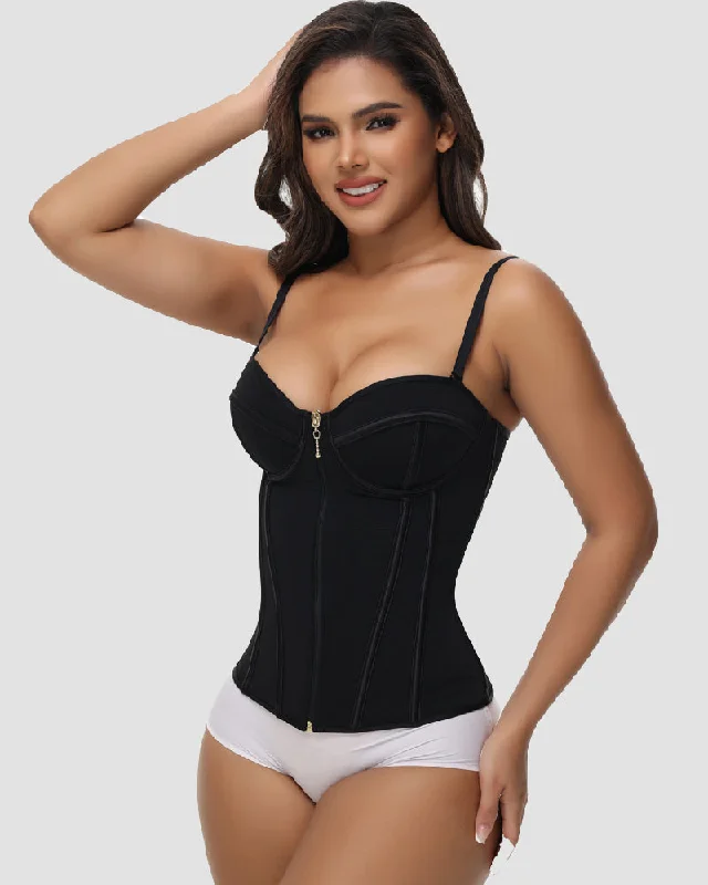 open-bust corset shapewear with lace appliquéDamen Sexy Reißverschluss Vorne Stäbchen Überbrust Spaghettiträger Korsett Bustier Tops