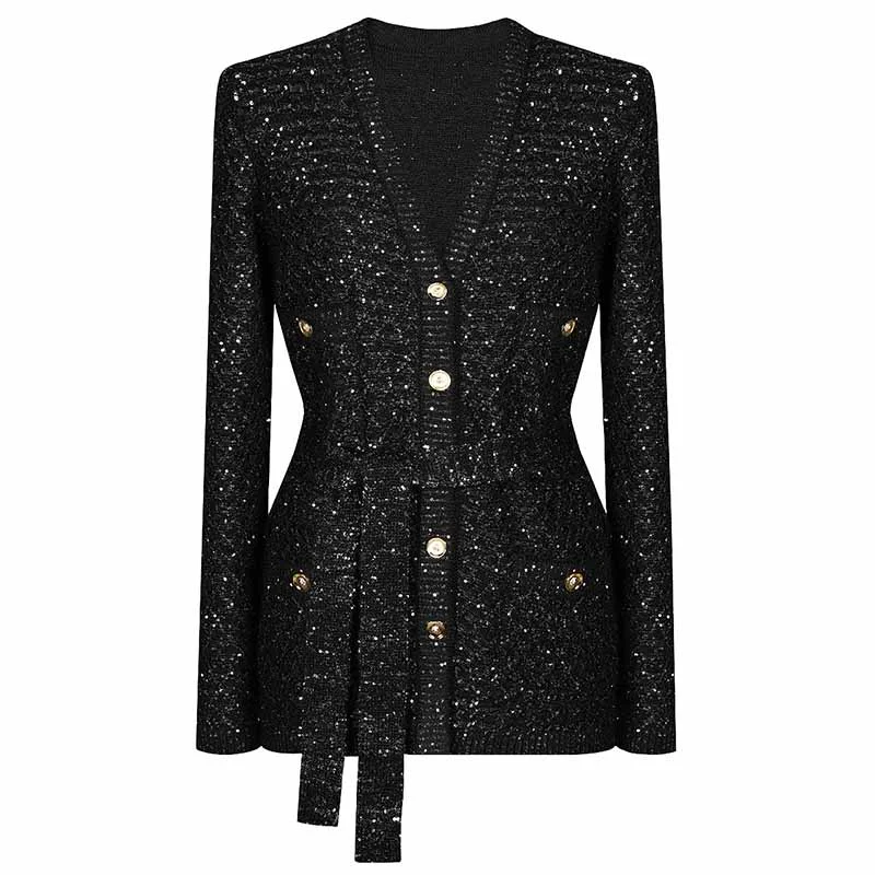 Women's Coats with ButtonsWomen's Sequin Knited Top Coat with Lace-up Belted