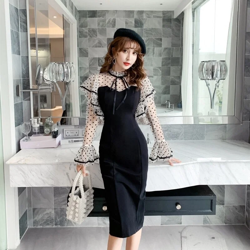 women's pajamas made in USASexy Black Bodycon Dress Romanic Woman Flare Sleeve Ruffles Polka Dots Dresses For Date Party Night Club Vestido Festa