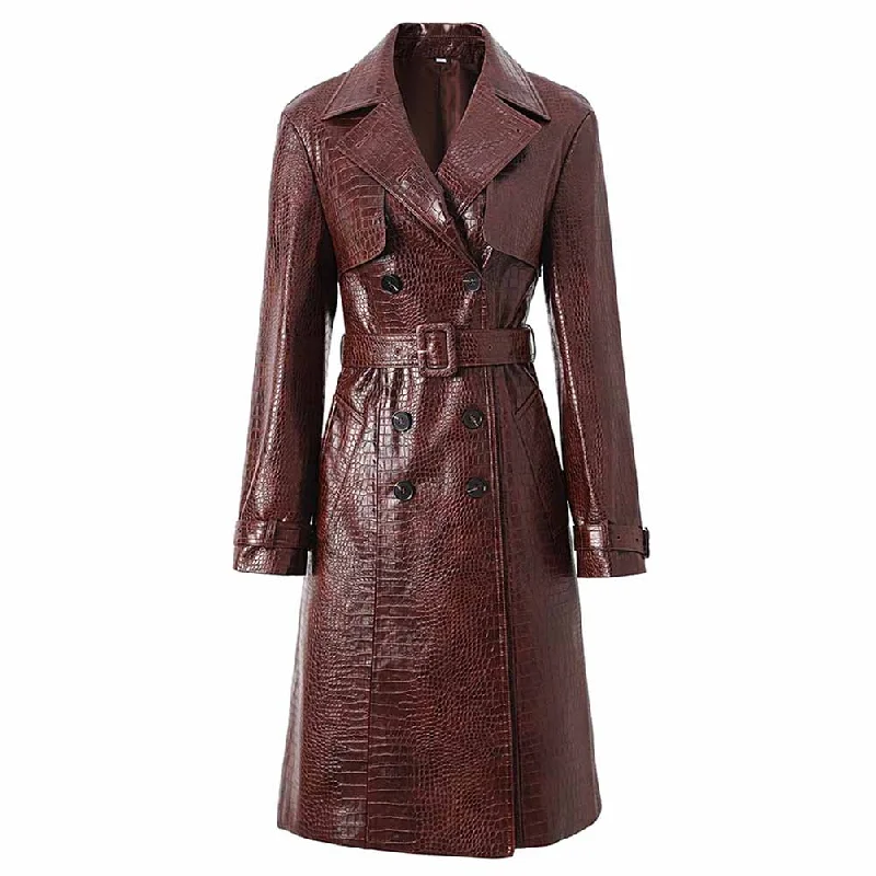 Women's Down CoatsWomen's Brown Faux Leather  Croc-Effect Trench Coat