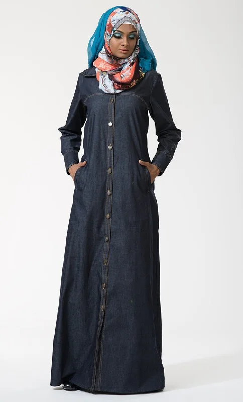 Women's PeacoatsFront Open Button Down Denim Jilbab Abaya-Blue