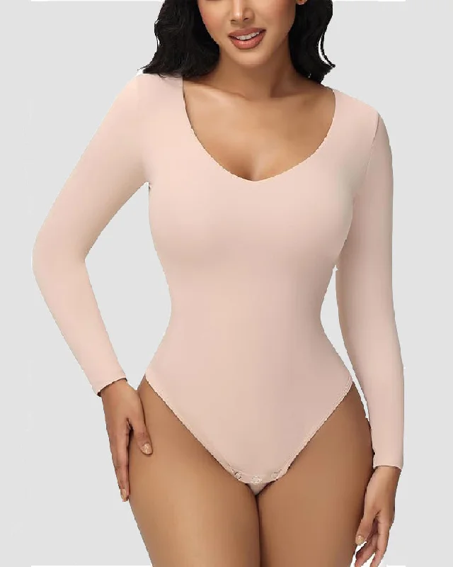 lightweight body suit for everyday wearDamen Langen Ärmeln Nahtlos Bodysuit V-Ausschnitt Bauchweg Tanga Shapewear