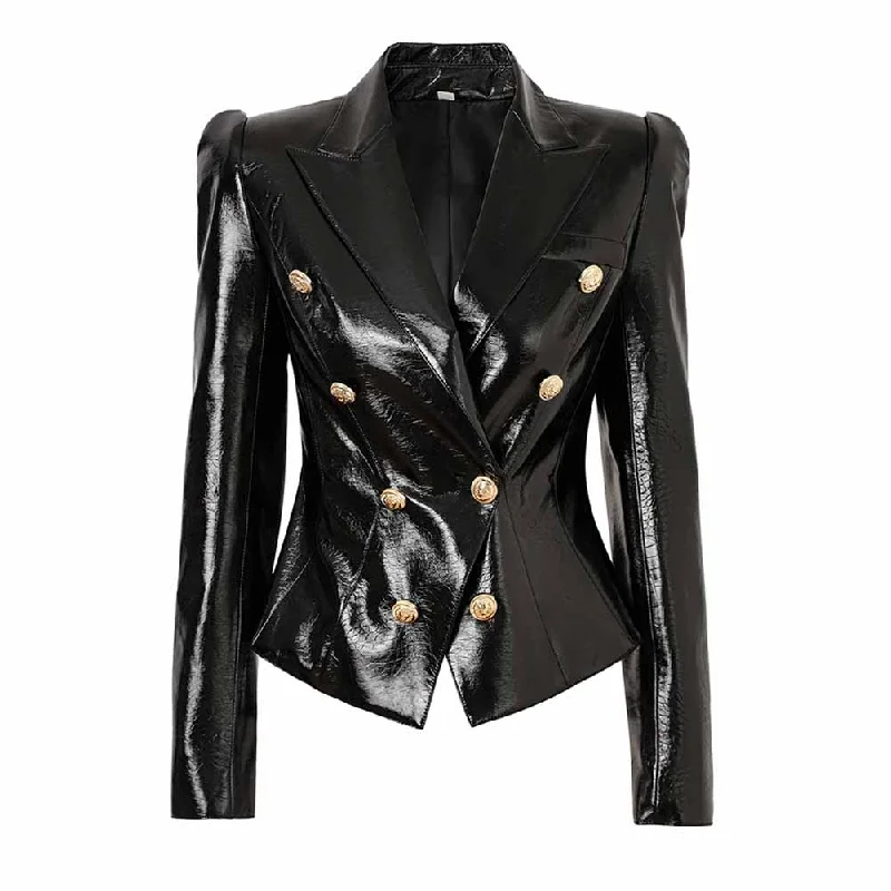 Women's Wool CoatsBlack Double-Breasted Faux Leather Jacket Gold Tone Blazer