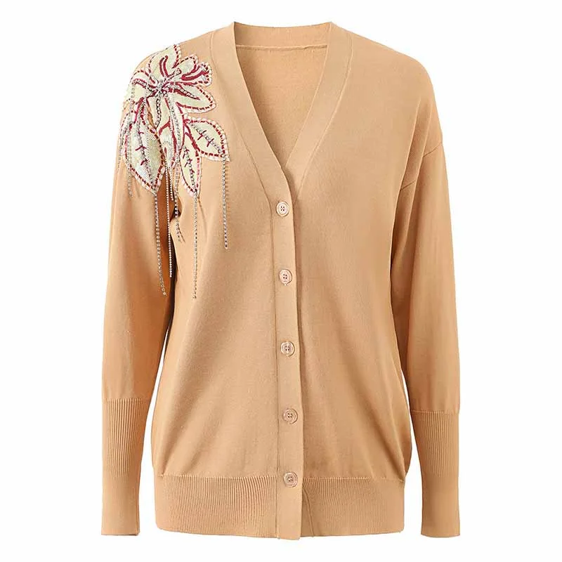 Women's Coats with Fur TrimCamel Floral Sequin Beaded Coat Embroidered Button Up Detail Cardigan