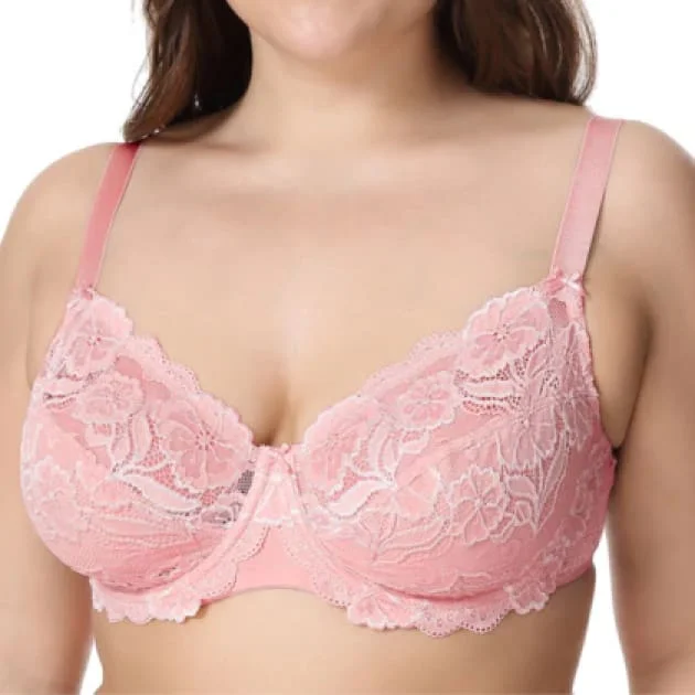 plus-size minimizer bra with smooth cupsNon-Padded Floral Embroidery Pink Lace Bra