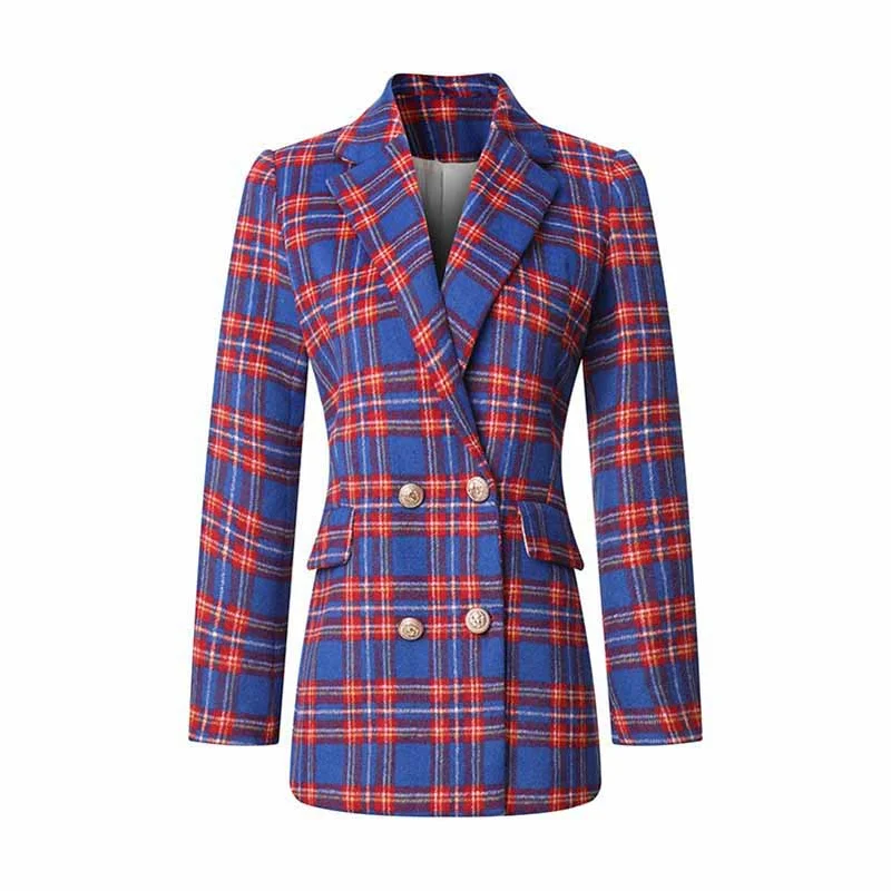 Women's Coats with Fur Trimmed BeltWomen Long Sleeve Checked Blazer Coat Blue