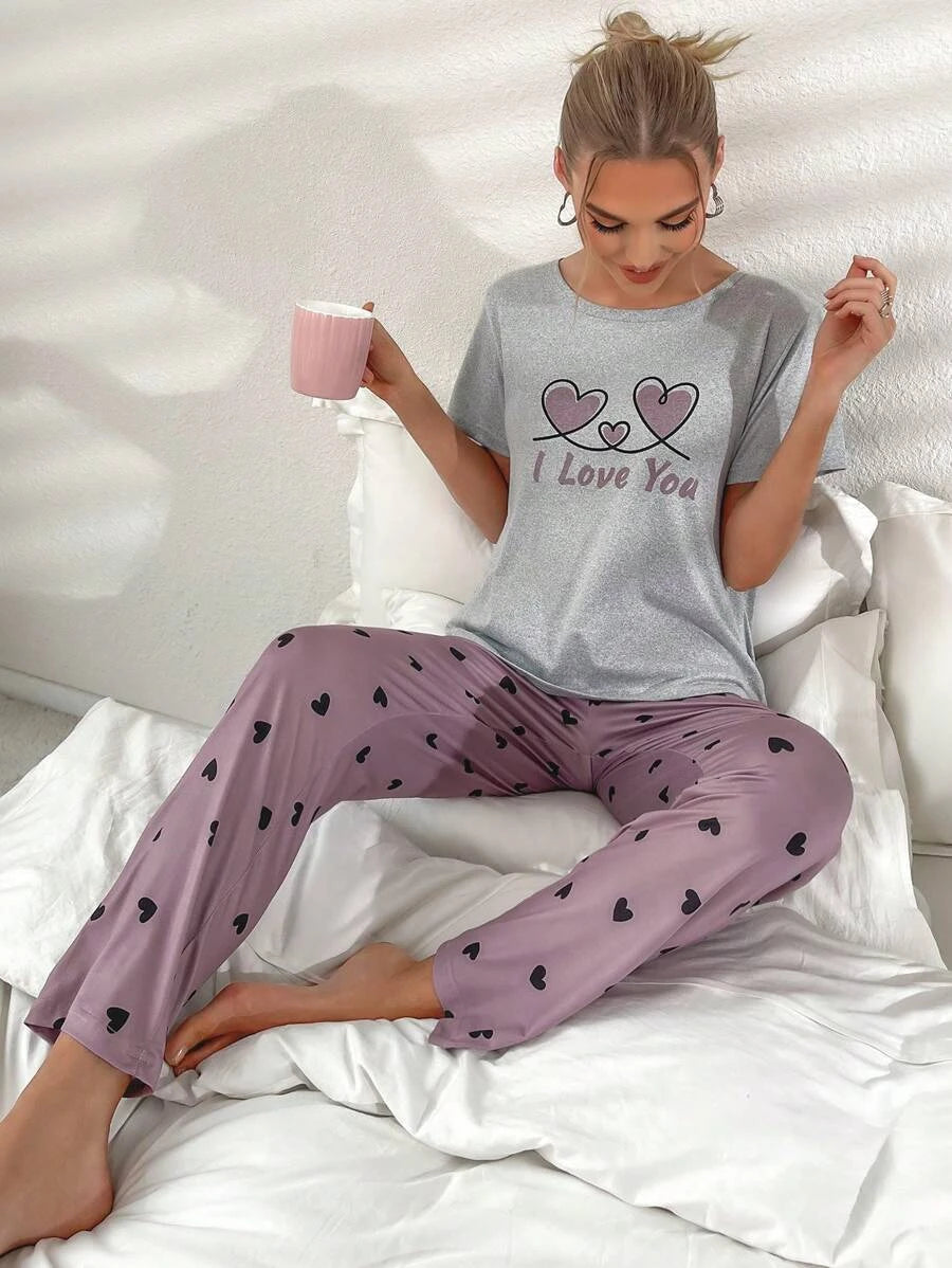 women's pajamas made in USA2 Pieces Letter Graphic Printed Tee And Pants Set