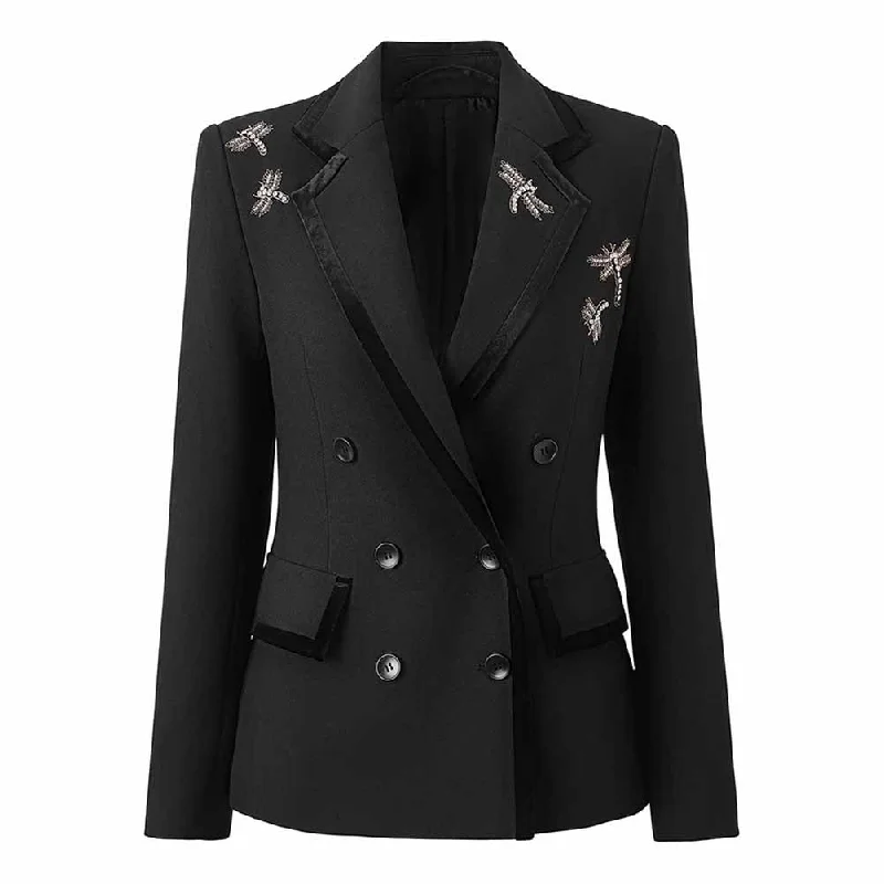 Women's Coats with Fur Trimmed ZipperWomens Black Blazer Nail Drill Dragonfly Embroidery Coat