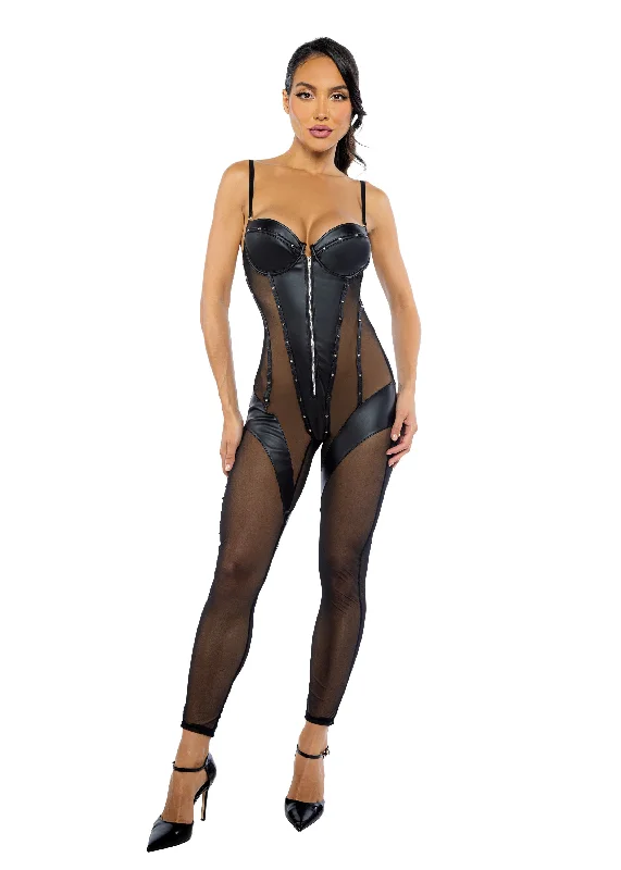 full-coverage bra for large bustsRoma Confidential Lust & Faux Leather Mesh Underwire Cups Catsuit Black