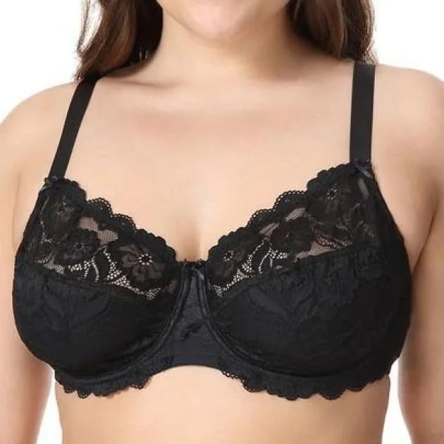 wireless bra with front closure for comfortNon-Padded Floral Embroidery Black Lace Bra