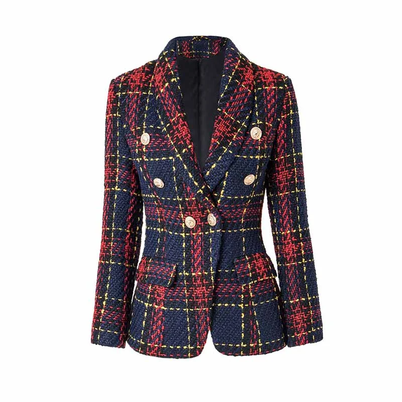 Women's Coats with Fur Trimmed BeltWomens Vintage Double Breasted Tweed Blazer Checkered Coat