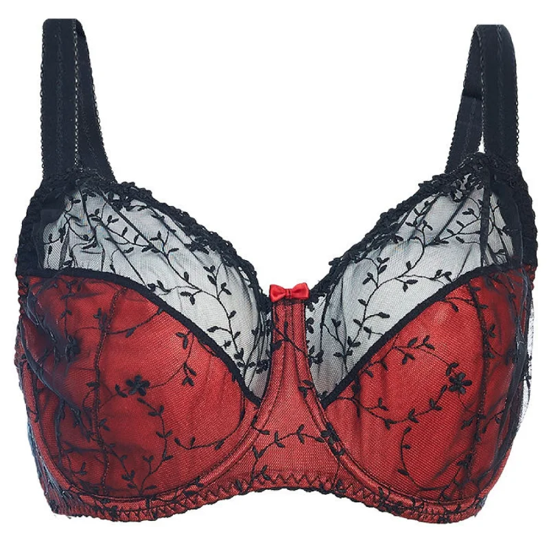 wireless bra with front closure for comfortAmural Non-Padded Bra with Contrast Floral Lace in Red