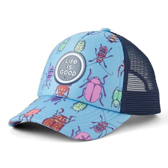 casual bucket hats with drawstringsKids' Grid Bug Pattern Trucker Hat - Cool Blue