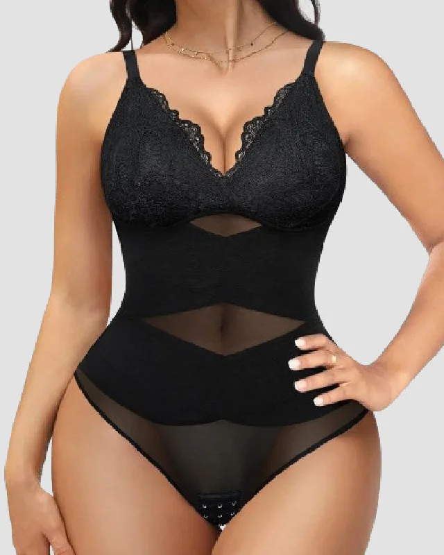 high-waisted tummy control shapewearDamen Bauchweg V-Ausschnitt Tanga Korsett Spitze Bodysuit Shapewear