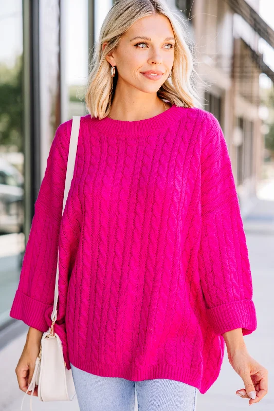 Women's Russian Wool SweatersRare Love Fuchsia Pink Cable Knit Sweater