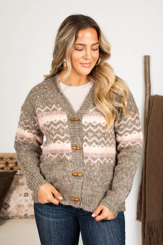 Women's U-Shaped Collar SweatersGrey and Blush Fair Isle Cardigan