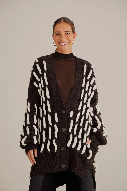 Women's Crew Neck SweatersBlack And White Textured Knit Cardigan