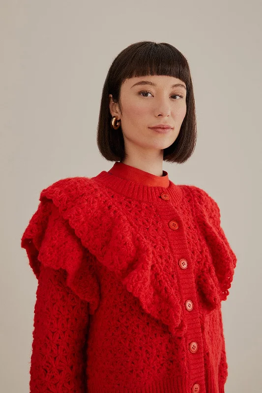 Women's Merino Wool SweatersRed Flower Texture Knit Cardigan