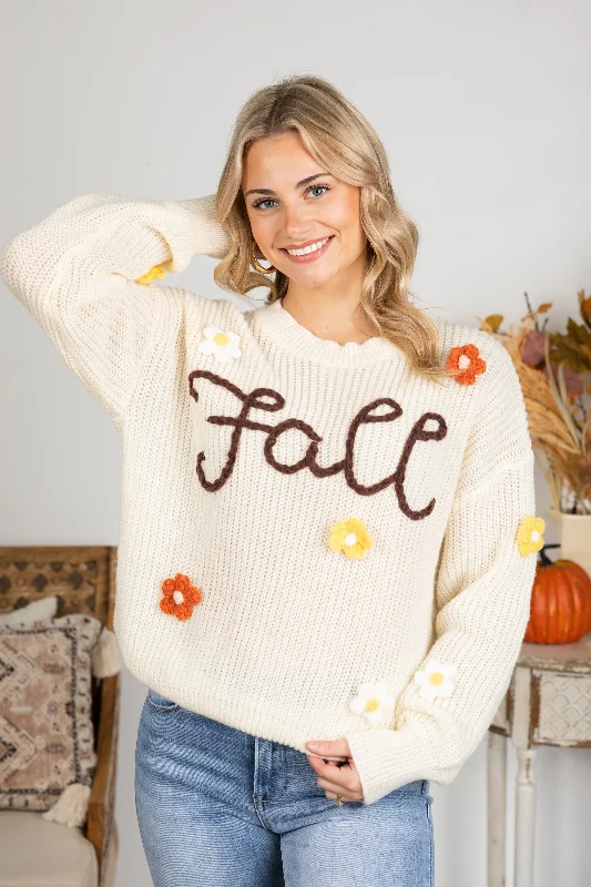 Women's Low Collar SweatersCream Fall Yarn Stitching Flower Sweater