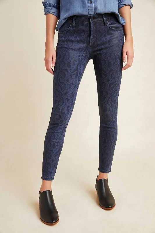 Women's Jodhpurs with Rounded CollarCharlie High Rise Coated Snake Print Skinny Jeans In Navy Blue