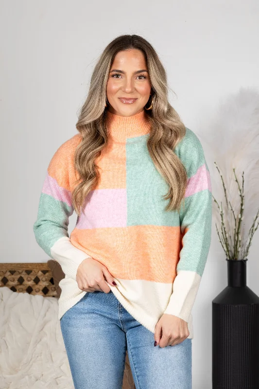 Women's Blended SweatersMulticolor Soft Colorblock Mock Neck Sweater