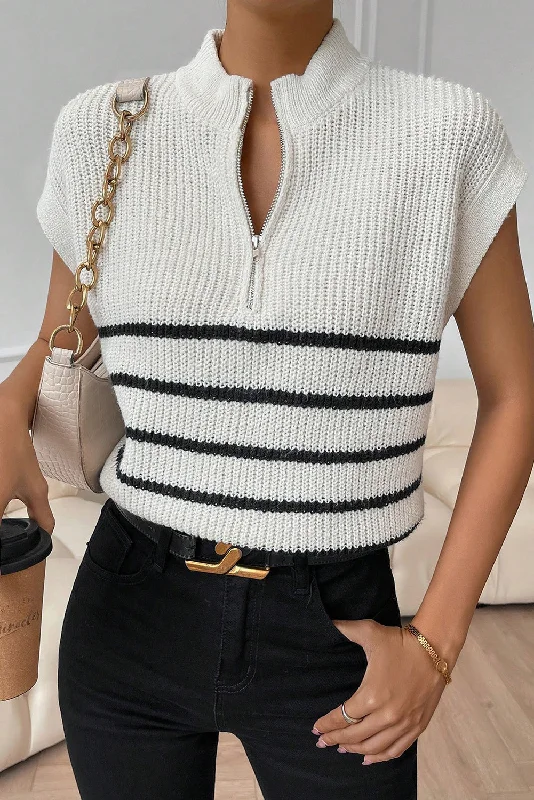 Women's Crew Neck SweatersWhite Stripe Half Zip Split Stand Neck Sweater T-shirt