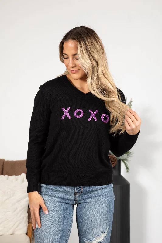 Women's Peter Pan Collar SweatersBlack With Purple XO Glitter Knit Sweater Top