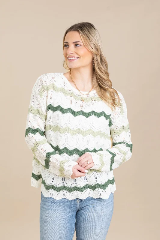 Women's Keyhole Collar SweatersLightweight Crochet Knit Wavy Striped Sweaters